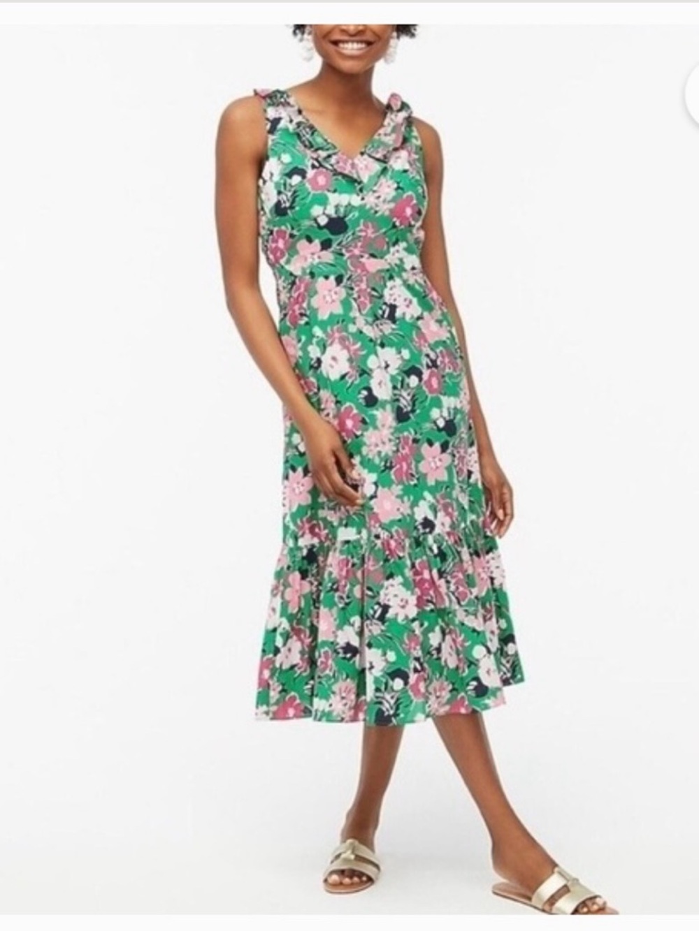 J. Crew Ruffle V-Neck Midi Dress Womens 10
Green Pink Easter Spring Coquette